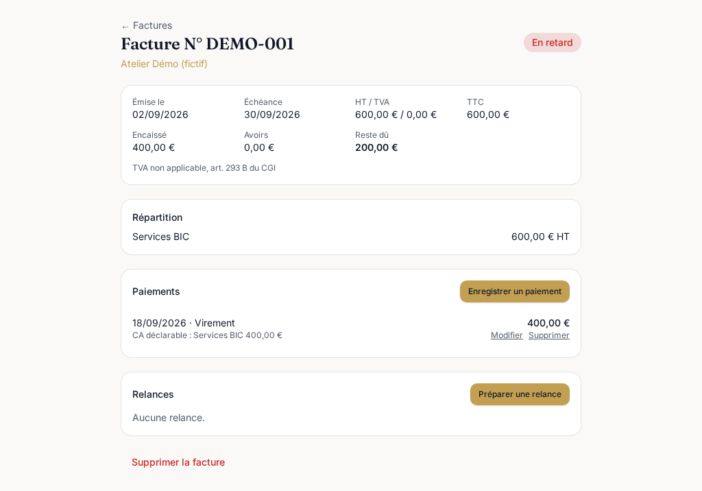 Fiche DEMO-001 : paiement de 400 euros le 18 septembre, chiffre d’affaires déclarable de 400 euros et reste dû de 200 euros.