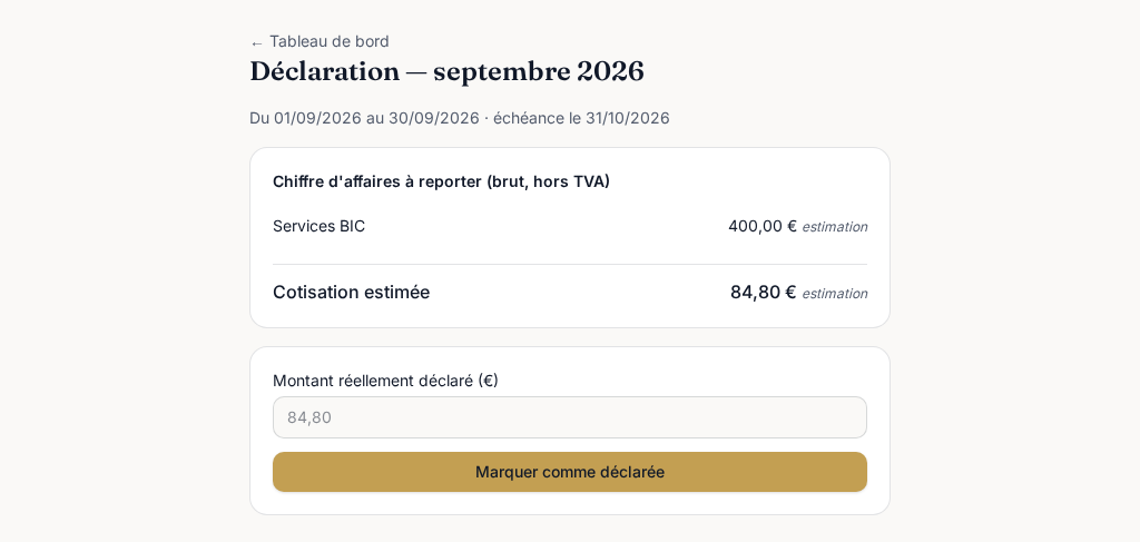 Récapitulatif de déclaration de septembre : CA services BIC de 400 euros et cotisation estimée de 84,80 euros.
